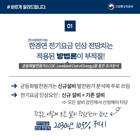 한경연 전기요금 전망치, 적합치 않은 방법론에 기반