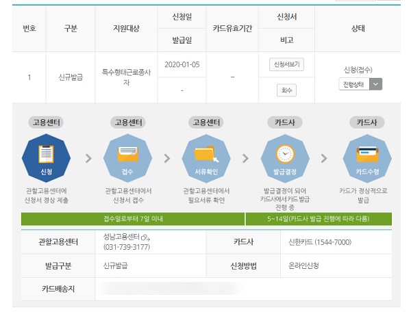 카드신청내역. 온라인으로 카드 진행상황을 확인할 수 있다.(사진 출처=고용노동부 HRD-Net 화면캡쳐)