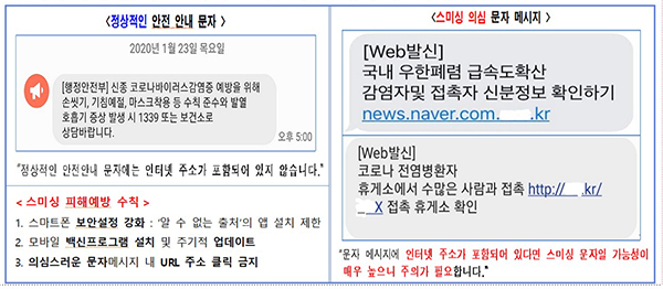 정상적인 안전 안내문자(왼쪽)와 스미싱 의심 문자 메시지.