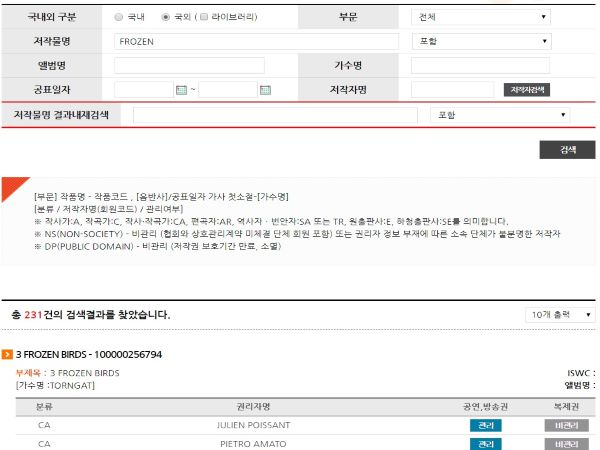 해당 음원을 검색하고 저작관리자를 확인하는 검색페이지