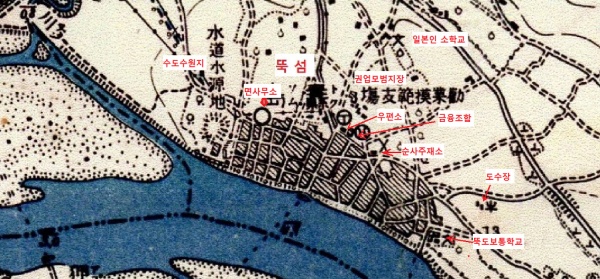 1915년 뚝도면 일대 지도에 만세운동 관련 장소를 표기했다.(출처=성동역사문화연구회)