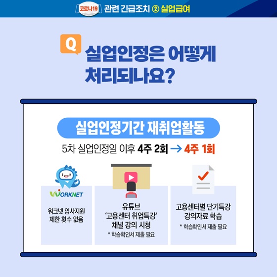 Q. 실업인정은 어떻게 처리 되나요? 실업인정기간 재취업활동 5차 실업인정일 이후 4주 2회 → 4주 1회 워크넷 입사지원 제한 횟수 없음 유튜브‘고용센터 취업특강’ 채널강의 시청 *학습확인서 제출필요, 고용센터별 단기특강 강의자료 학습 *학습확인서 제출필요