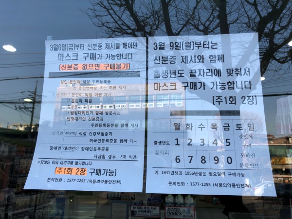 마스크를 구하러 찾아간 한 약국 앞에 붙여져 있던 안내문. 마스크 구매 개수가 1인 2매로 제한이 되었으며, 마스크 구입을 할 시에는 주민번호 조회 절차 또한 거쳐야 된다. 