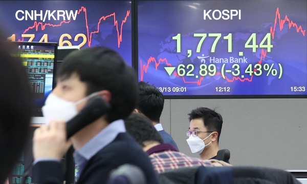 13일 오후 서울 을지로 하나은행 본점 딜링룸 현황판에 코스피 종가가 나타나고 있다.(사진=저작권자(c) 연합뉴스, 무단 전재-재배포 금지)
