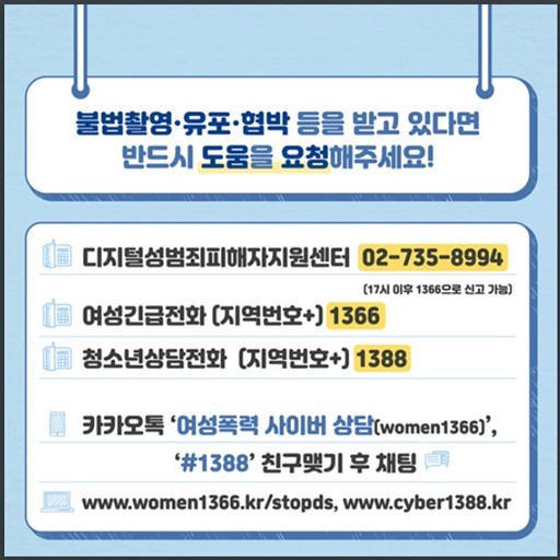 불법촬영·유포·협박 등에 상담 및 신고를 할 수 있는 연락처 (출처=여성가족부)