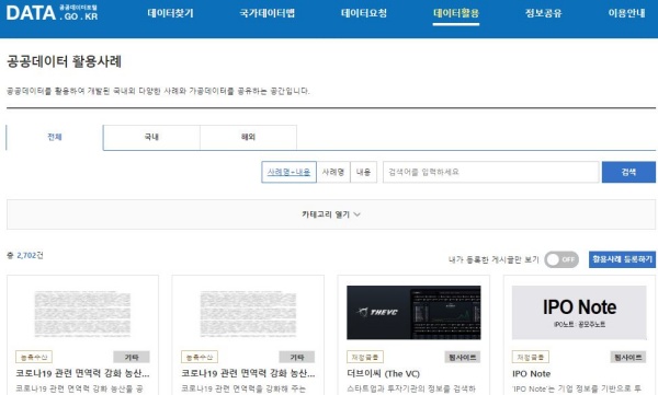 공공데이터 활용사례를 클릭하면 볼 수 있는 화면.(사진=공공데이터포털)