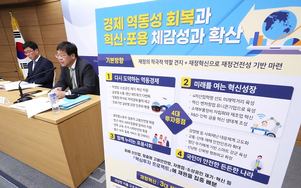 기획재정부 안일환 예산실장이 지난 3월 20일 오전 세종시 정부세종청사에서 ‘2021년도 예산안 편성 및 기금운용계획안 작성지침’ 배경브리핑을 하고 있다. 왼쪽은 안도걸 예산총괄심의관.(저작권자(c) 연합뉴스, 무단 전재-재배포 금지)