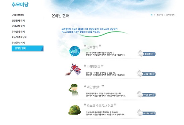 사이버 유엔기념공원 홈페이지. 부산광역시에 있는 세계 유일의 유엔군 묘지로서 온라인 헌화와 추모글 남기기가 가능하다. https://www.unmck.or.kr:450 (출처=사이버 유엔기념공원 홈페이지)