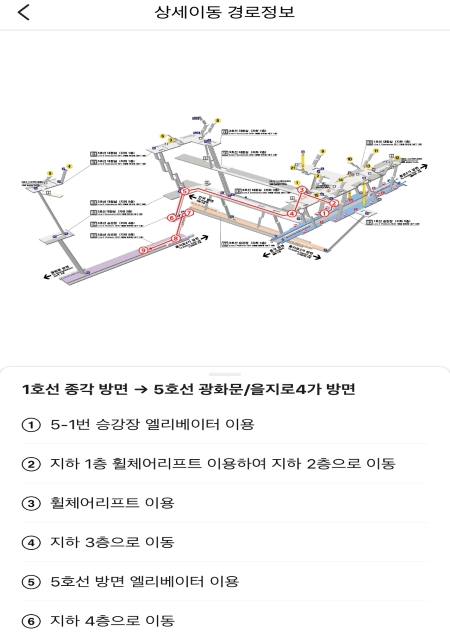 종로3가역 1호선에서 5호선 광화문/을지로4가 방면으로 환승하고자 살펴 본 정보 및 상세 경로.