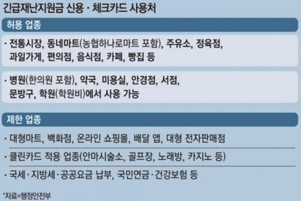 행정안전부가 발표한 긴급재난지원금 사용처. 