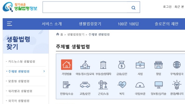 주제별 생활법령을 통해 다양한 법령 주제를 볼 수 있다. (출처 : 찾기 쉬운 생활법령정보) 