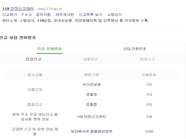 포털에 검색해본 119. 응급의료와 병원정보도 안내되고 있다.