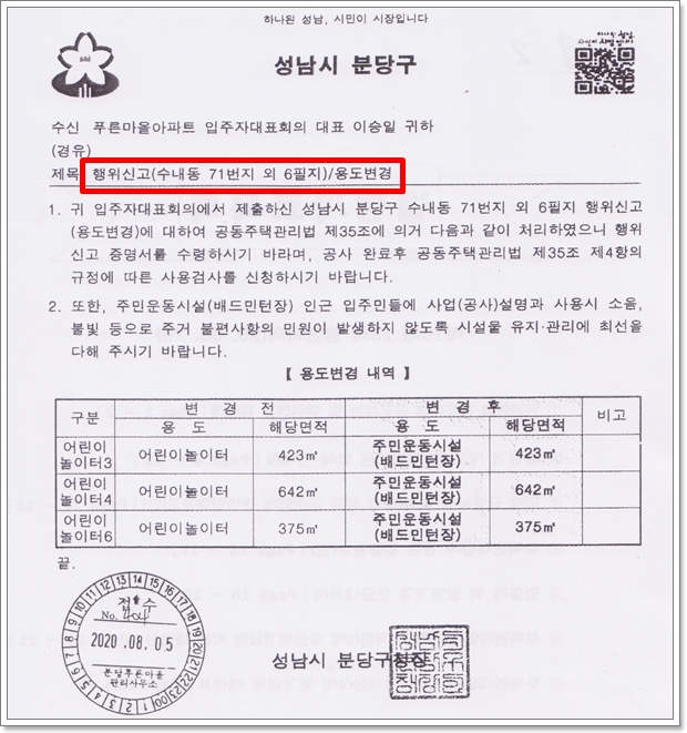 공동주택관리법 개정에 따라 우리 아파트 입대의는 놀이터 시설을 배드민턴장으로 바꾸기로 결의하고 관할 구청에 행위 변경신고를 해서 승인을 받았다.