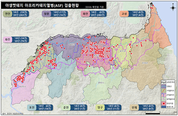 야생멧돼지 아프리카돼지열병 검출현황(아프리카돼지열병 중앙사고수습본부 제공).