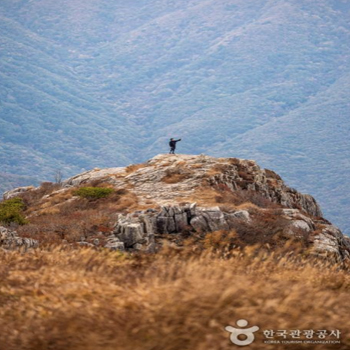 억새 군락지 너머로 우뚝 솟아있는 암벽 구간이 거친 산세의 매력을 뽐냈다