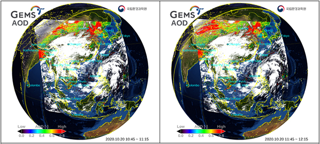 2020년 10월 20일 미세먼지 관측영상. 중국에서 발원한 황사 및 고농도 미세먼지가 유입돼 환경위성으로 한반도 주변에서 관측되고 있다.(환경부 제공)