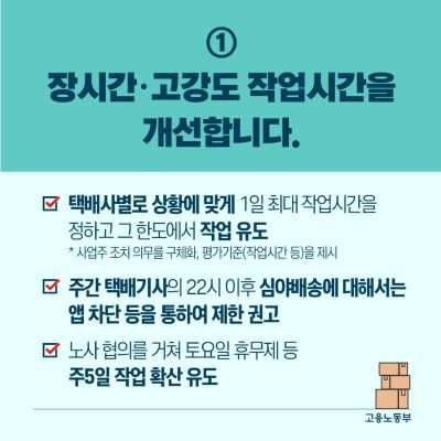 택배사별 상황에 맞게 1일 최대 작업시간을 정하는 등 장시간·고강도 작업시간을 개선한다는 내용의 ‘택배기사 과로사 방지대책’ (출처=고용노동부)