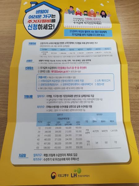 집으로 전달된 주거급여와 관련된 안내문. 청년가구를 대상으로 우편과 온라인 안내를 시행중이다.