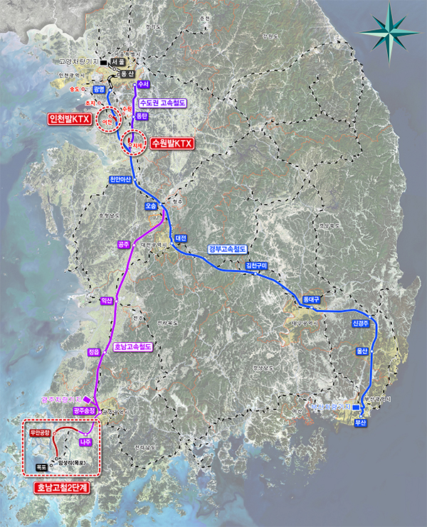 호남고속철도 및 인천발/수원발 KTX 노선도.