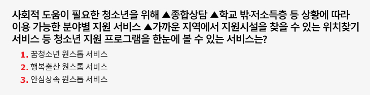 사회적 도움이 필요한 청소년을 위해 ▲종합상담 ▲학교 밖·저소득층 등 상황에 따라 이용 가능한 분야별 지원 서비스 ▲가까운 지역에서 지원시설을 찾을 수 있는 위치찾기 서비스 등 청소년 지원 프로그램을 한눈에 볼 수 있는 서비스는? 1.꿈청소년 원스톱 서비스 2.행복출산 원스톱 서비스 3.안심상속 원스톱 서비스