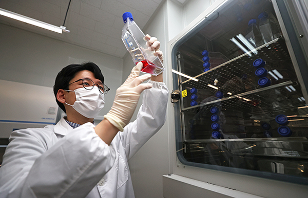 경기 성남시 셀리드 세포유전자치료제GMP센터에서 연구원이 코로나19 백신 개발 관련 연구를 하고 있다.