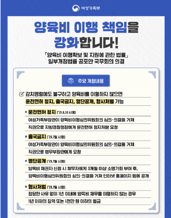 양육비 이행 책임을 강화합니다. 양육비 이행확보 및 지원에 관한 법률 일부개정법률 공포안 국무회의 의결