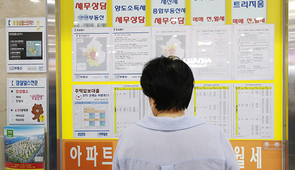 서울 송파구 한 상가 부동산 중개업소에 붙어 있는 부동산 규제 관련 안내문을 시민이 살펴보고 있다.