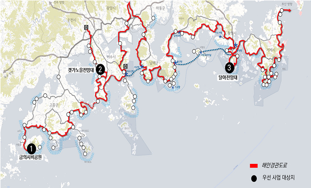남해안 명품전망공간 조성 사업 계획 지도.