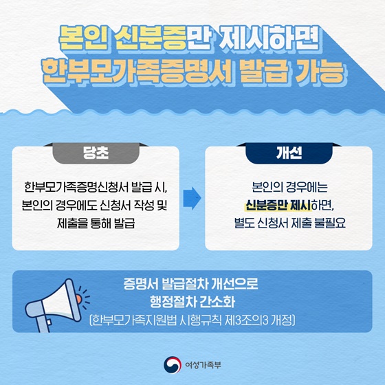 본인 신분증만 제시하면 한부모가족증명서 발급 가능