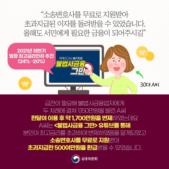 소송변호사를 무료로 지원받아 초과지급된 이자를 돌려받을 수 있었습니다. 올해도 서민에게 필요한 금융이 되어주시길