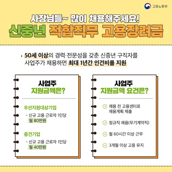 사장님들~ 많이 채용해주세요! 신중년 적합직무 고용장려금