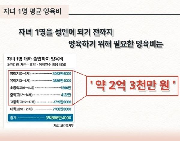 자년 1명을 양육하기 위해 필요한 비용 (출처=보건복지부)