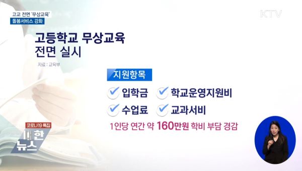 지원항목으로는 입학금, 수업료, 학교운영비와 교과서비로 1인당 160만원의 비용을 절감할 수 있다. (출처=KTV)