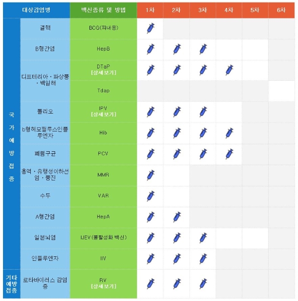 아이의 예방접종 내역