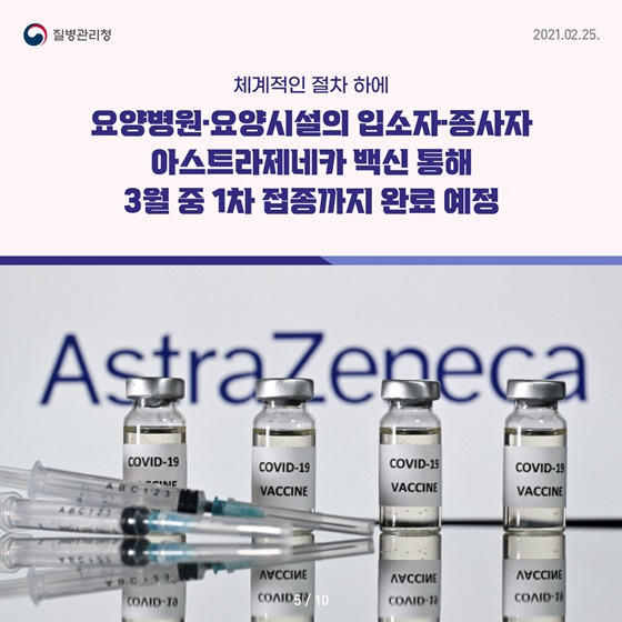 요양병원·요양시설의 입소자 종사자
아스트라제네카 백신 통해 3월 중 1차 접종까지 완료 예정