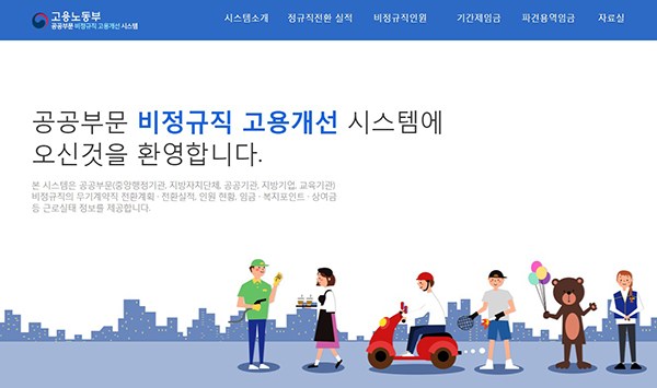 기관별 정규직 전환 실적을 확인 할 수 있는 공공부문 비정규직 고용개선 시스템 누리집(http://public.moel.go.kr)