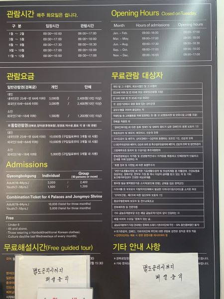 경복궁의 입장료와 할인 및 무료입장 대상을 안내하고 있는 안내문