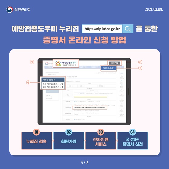 예방접종도우미 누리집(https:nip.kdca.go.kr) 증명서 온라인 신청 방법
