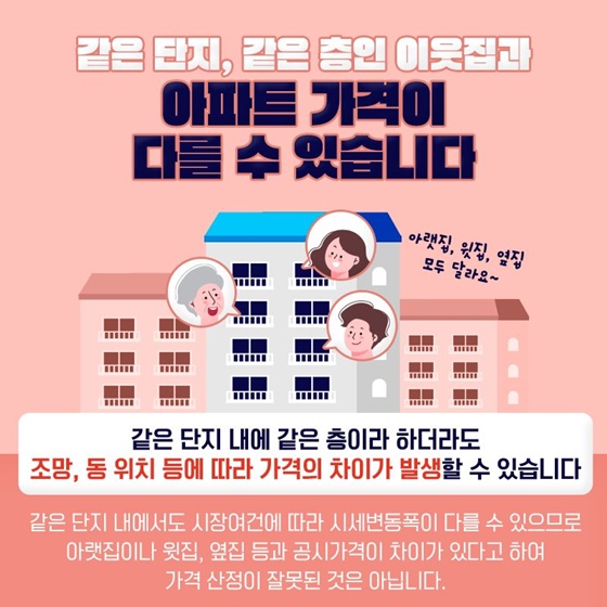 같은 단지, 같은 층인 이웃집과 아파트 가격이 다를 수 있습니다.