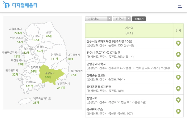 광역시도별 디지털배움터 기관명과 위치