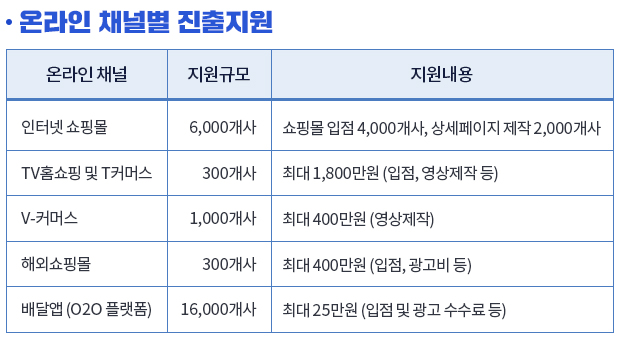 온라인 채널별 진출지원 세부내용.