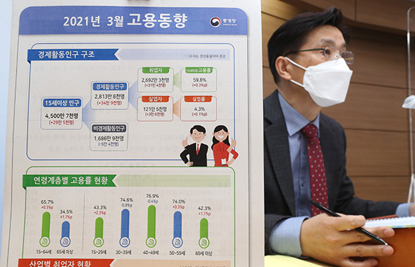 정동명 통계청 사회통계국장이 14일 오전 세종시 정부세종청사에서 2021년 3월 고용동향을 발표하고 있다. (사진=저작권자(c) 연합뉴스, 무단 전재-재배포 금지)