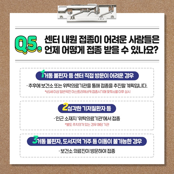 Q5. 센터 내원 접종이 어려운 사람들은 언제 어떻게 접종 받을 수 있나요?