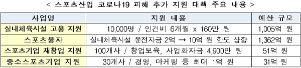 스포츠산업 코로나19 피해 추가 지원 대책 주요 내용