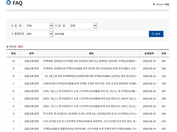 FAQ에서 담보대출 키워드 검색 화면.
