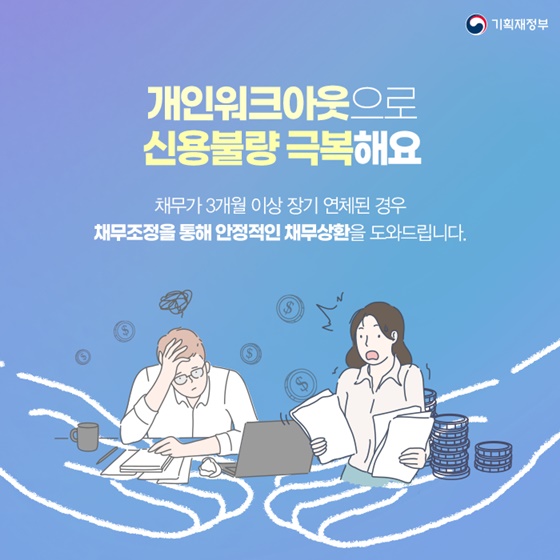 3개월 이상 장기 연체된 경우 채무조정을 통해 안정적인 채무상환을 도와드립니다.