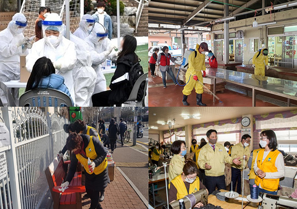 울산의 ‘우리동네 영웅’으로 선정된 황향숙 씨(위 왼쪽)와 방역활동 중인 최병국 씨(위 오른쪽), 상가 방역과 마스크 제작 등에 나선 이순옥 씨(아래)의 활동 모습.
