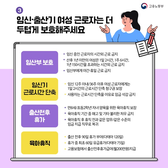 3. 임신·출산기 여성 근로자는 더 두텁게 보호해주세요.