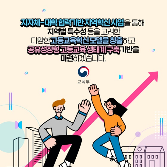 다양한 고등교육 혁신모델을 창출하고 공유성장형 고등교육 생태계 구축을 기반을 마련하겠습니다.