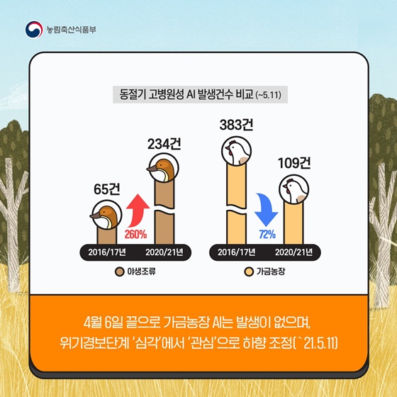 4월 6일 끝으로 가금농장 AI는 발생이 없으며, 위기경보단계 ‘심각’에서 ‘관심’으로 하향 조정 (’21.5.11)